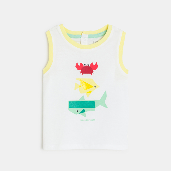 قميص داخلي بالملمس الحسي أبيض اللون مرسوم عليه حيوانات، للرضيع الصبي